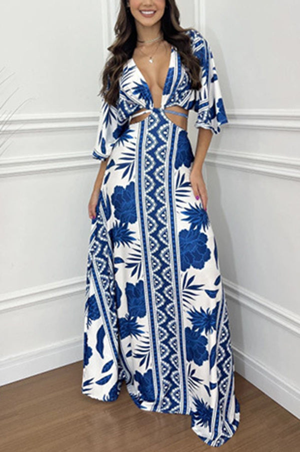 Wilma Unique Print Cutout Elastic Waist Tie-up Kimono Sleeve Maxi Dress