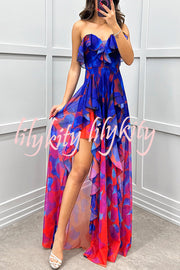 Loving Moment Gradient Unique Print Flowing Layered Ruffles Strapless Slit Maxi Dress