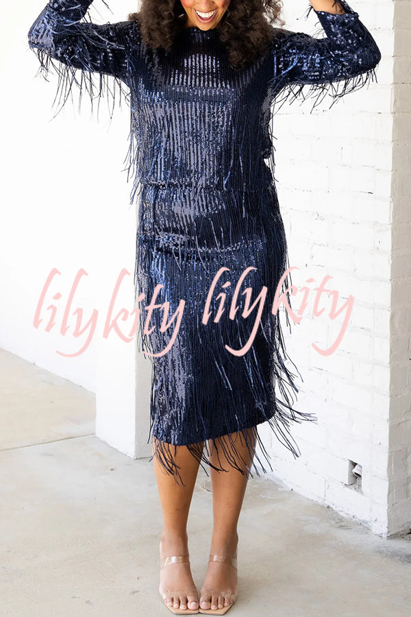 Insight Blueberry Sequin Fringe Long Sleeve Blouse
