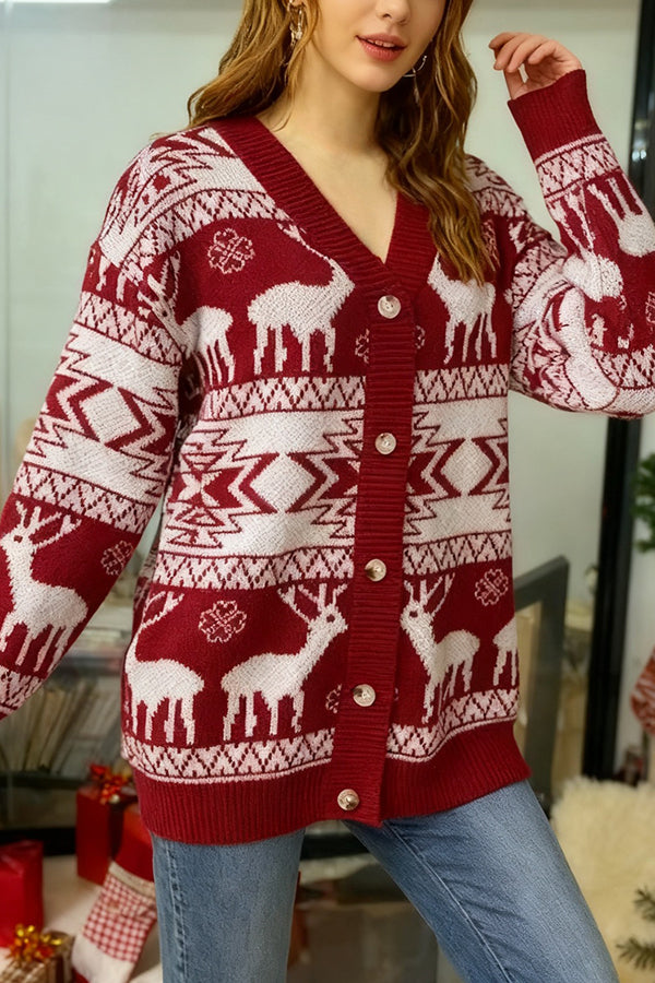 Christmas Reindeer Pattern Loose Long-sleeved Knit Cardigan