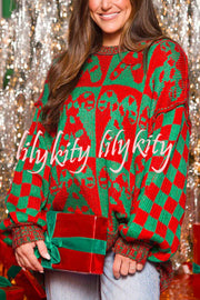 Christmas Candy Plaid Round Neck Long Sleeve Loose Knit Sweater