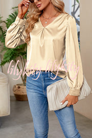 Satin Pleated V-neck Long-sleeved Loose Shirt