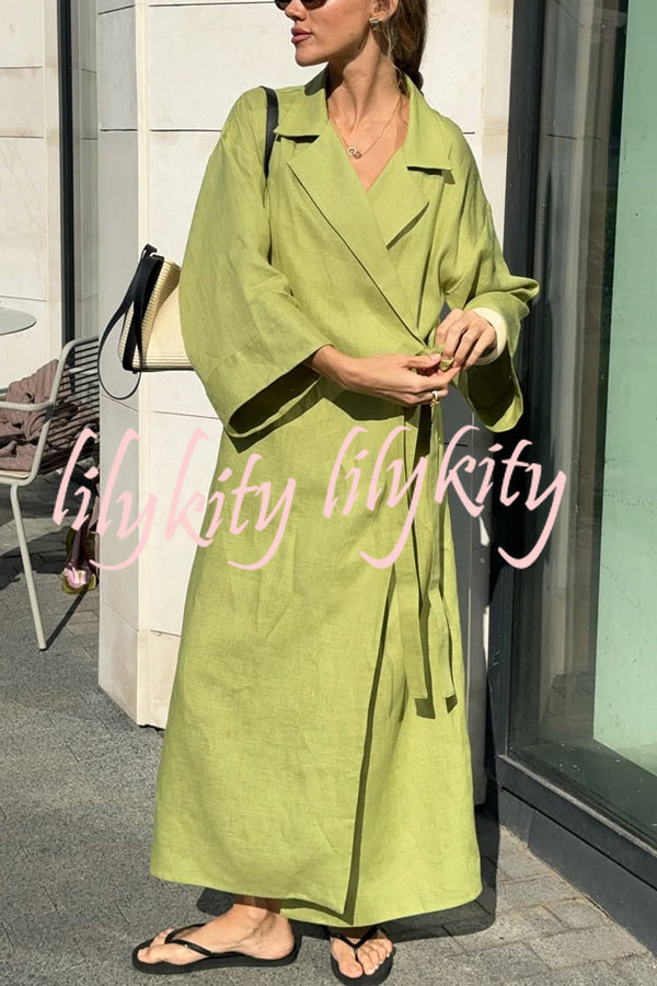 Linen Blend Solid Color Casual Lapel Tie Loose Maxi Dress