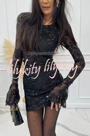 Deep and Dazzling Floral Texture Sequin Long Bell Sleeve Open Back Mini Dress
