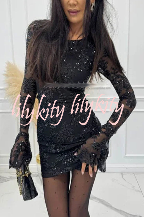 Deep and Dazzling Floral Texture Sequin Long Bell Sleeve Open Back Mini Dress