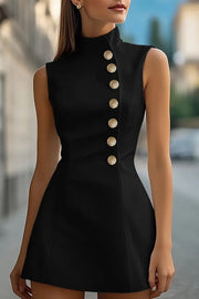 Solid Color Stand Collar Sleeveless Button-embellished Fitted Mini Dress
