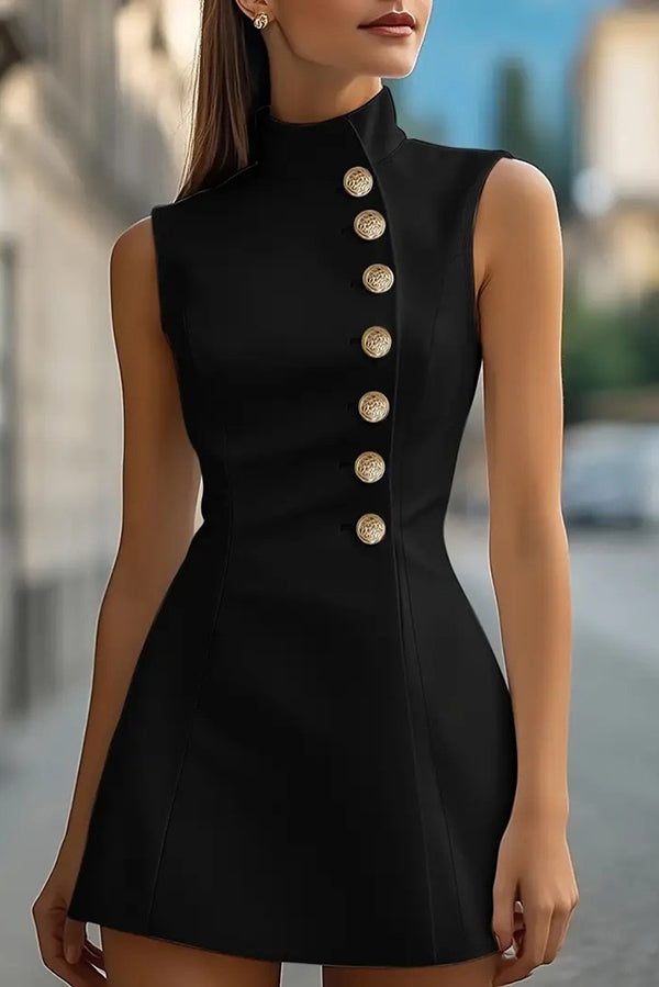 Solid Color Stand Collar Sleeveless Button-embellished Fitted Mini Dress