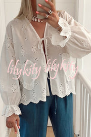 Floral Embroidered V-neck Lace-up Long-sleeved Loose Top