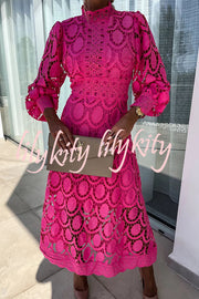 Romantic, Sensual and Elegant Crochet Lace Lantern Sleeve Party Midi Dress