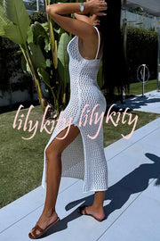 Solid Color V-neck Hollow Beach Knitted Cover-up Midi Dress