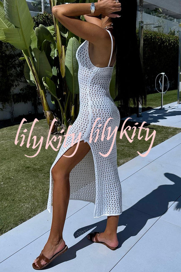 Solid Color V-neck Hollow Beach Knitted Cover-up Midi Dress
