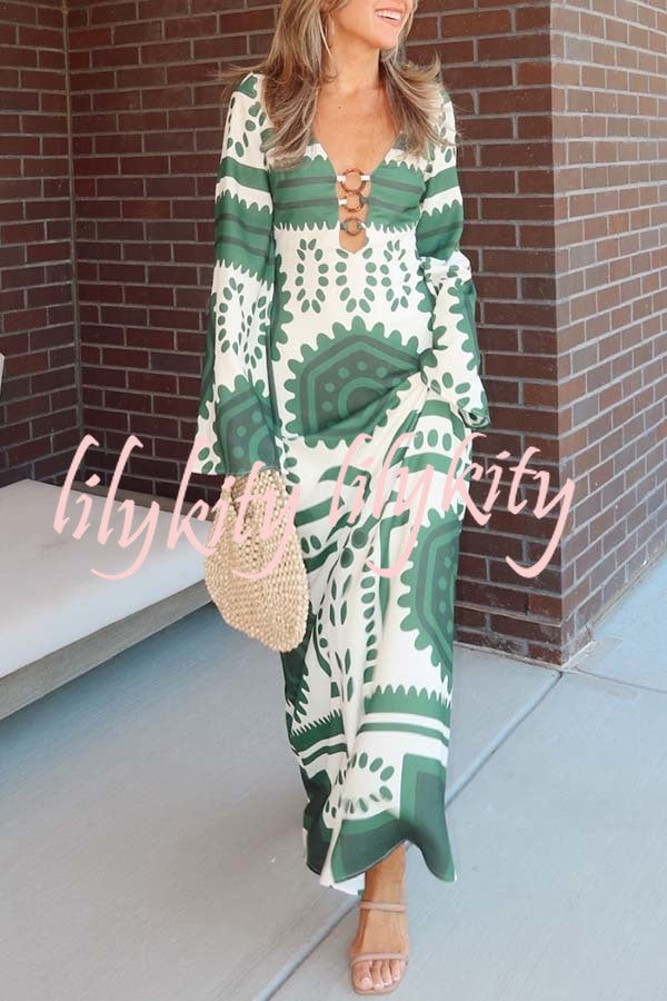 Holiday Fashion Unique Print Front Center Hollow Ring Long Sleeve Maxi Dress