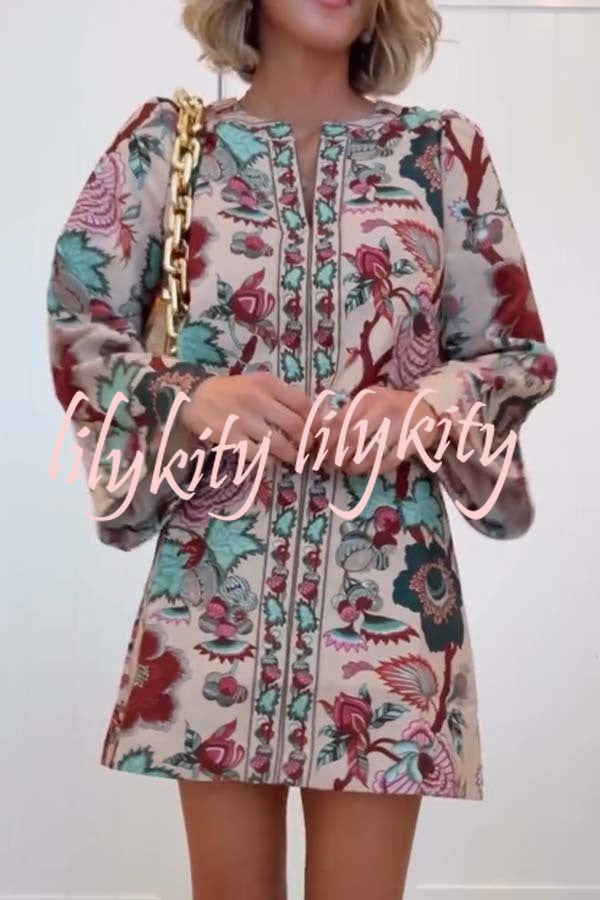 Autumn Garden Printed V-neck Long Bell Sleeve Top and Mid Rise Skirt Set