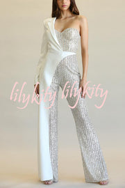 Fashionable Sequined Patchwork One-sided Long-sleeved Asymmetrical Jumpsuit