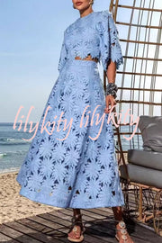 Elegant Embroidered Hollow Flowers Bell Sleeve Top and Full Hem Maxi Skirt Set