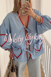 Lovely Plaid Heart Pattern Casual Lace-up Pocket Loose Shirt