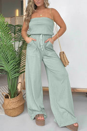 Casually Chic Off Shoulder Drawstring Waist Pocketed Wide Leg Jumpsuit