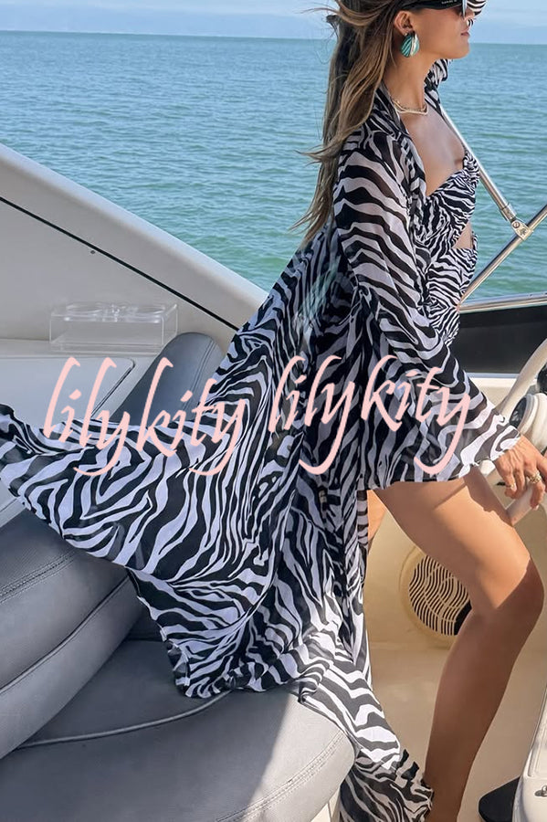 Marsie Zebra-print Elastic Drawstring Waist Long Bell Sleeve Cover-up Kimono