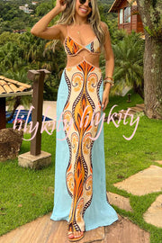 Summer Symphony Linen Blend Ethnic Unique Print Cutout Waist Back Tie-up Maxi Dress