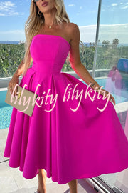 Sweet Cascade Solid Color Off Shoulder Pocket Full Hem Midi Dress