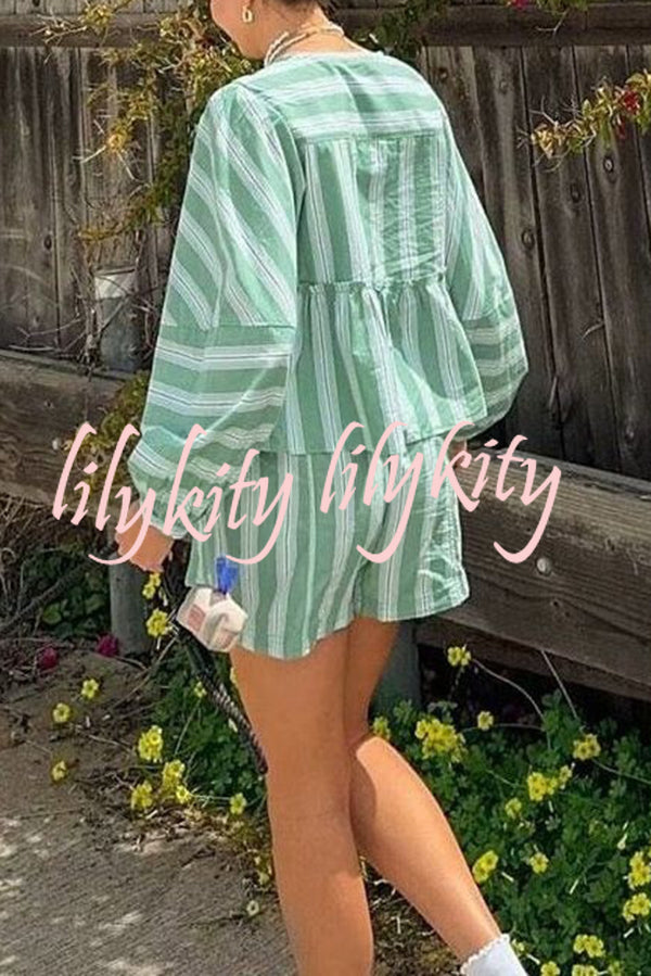 Stylish Striped Print V-neck Tie Top and Elastic Waist Loose Shorts Set