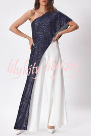 Party Favors Sequin One Shoulder Ruffle Detail Wide Leg Evening Jumpsuit