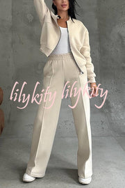 Solid Color Casual Long Sleeve Zipper Jacket and Elastic Waist Pocket Wide Leg Pants Set