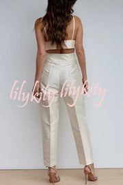 Chic Affair Satin Feather Trim Lapel Loose Blazer and High Rise Pocket Tapered Pants Set