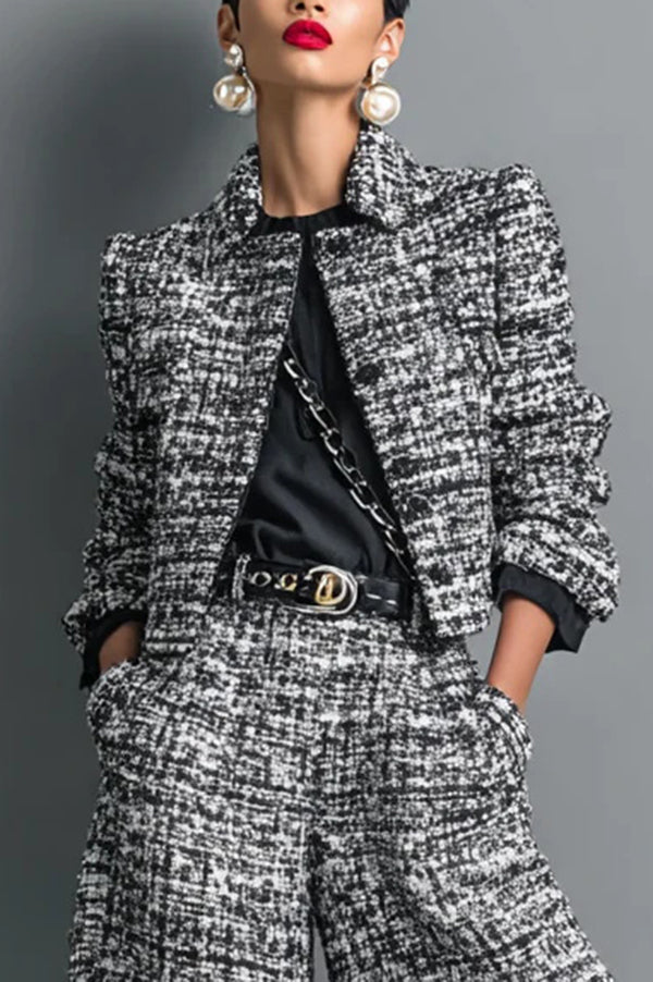 Stylish Long-sleeved Single-breasted Short Jacket and Casual Pocket Wide-leg Pants Sets