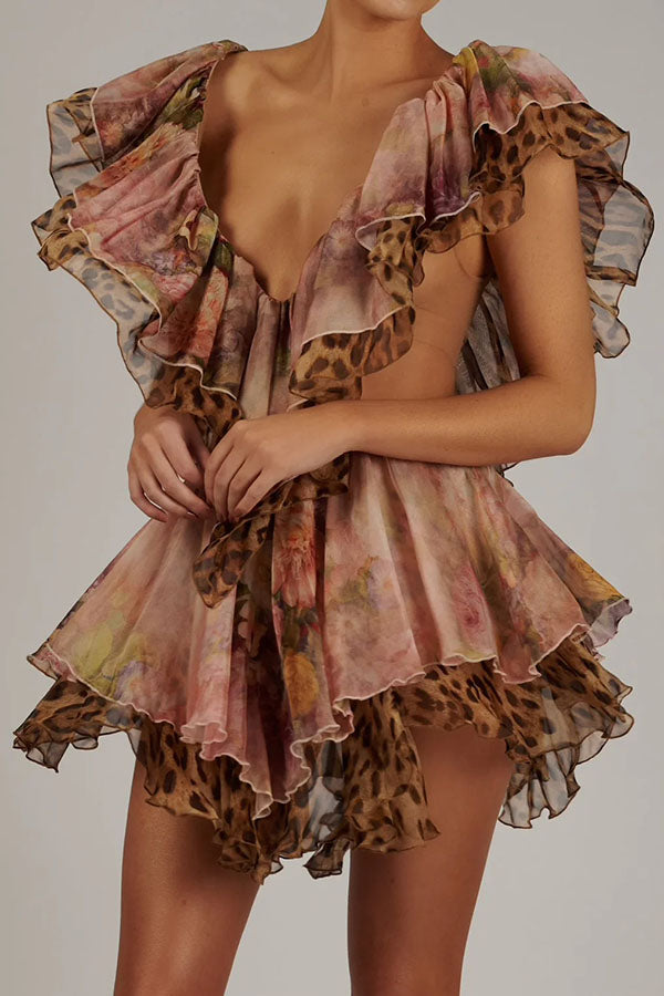 Dreamy Island Floral Leopard Print Cutout Waist Tiered Ruffles Mini Dress