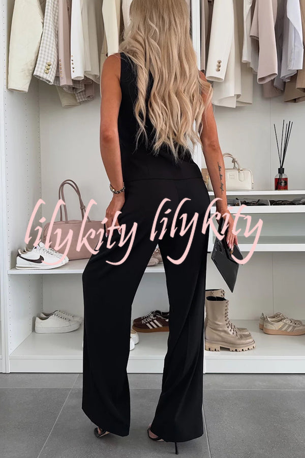 Workplace Chic Sleeveless Button Vest and Relaxed Pocket Wide Leg Pants Set