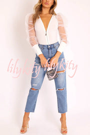 Solid Color Zip Front Sheer Puff Sleeves Bodysuit