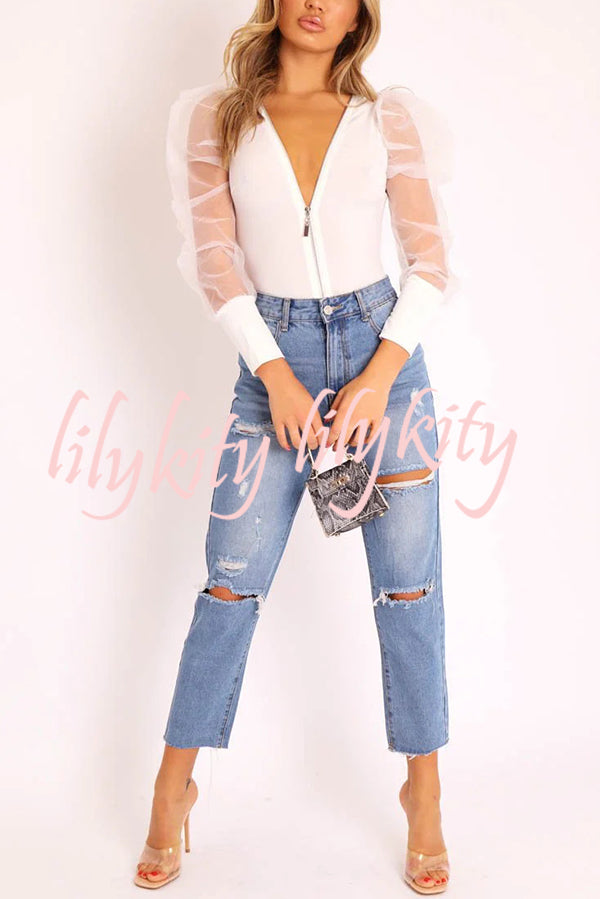 Solid Color Zip Front Sheer Puff Sleeves Bodysuit