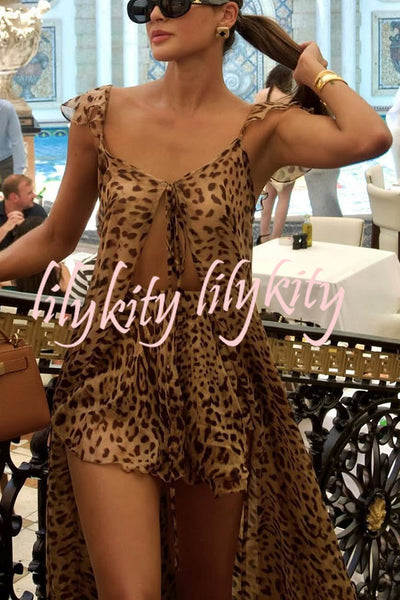 Immerse Vacation Leopard Tie-up Slit Midi Top and Elastic Waist Shorts Set