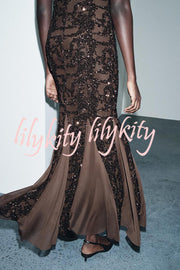 Twilight Gleam Sequin Textured Tulle Hem Halter Backless Maxi Dress