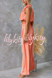 Girls Night Satin Printed High Neck Top and Elastic Tie-up Waist Pocket Wide Leg Pants Set