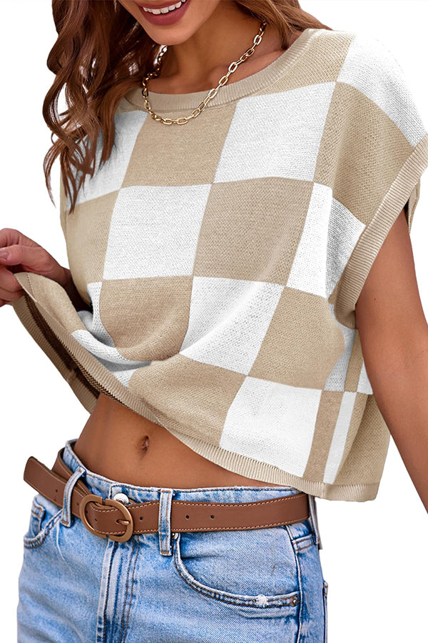 Fashionable Checkerboard Color Block Short-sleeved Loose Sweater