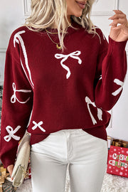 Christmas Bow Round Neck Long Sleeve Loose Knitted Sweater