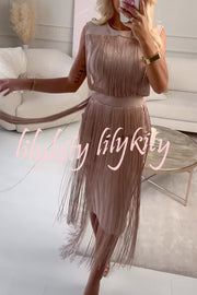 Elegant and Modern Draped Tassel Design Sleeveless Stretch Midi Dress
