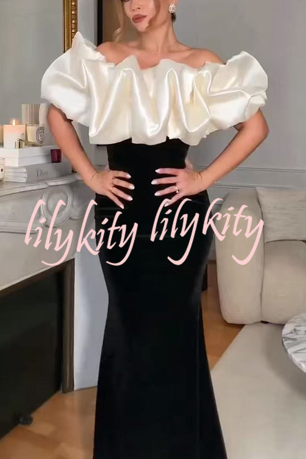 Cecily Velvet Off Shoulder Satin Structured Bardot Neck Stretch Maxi Dress