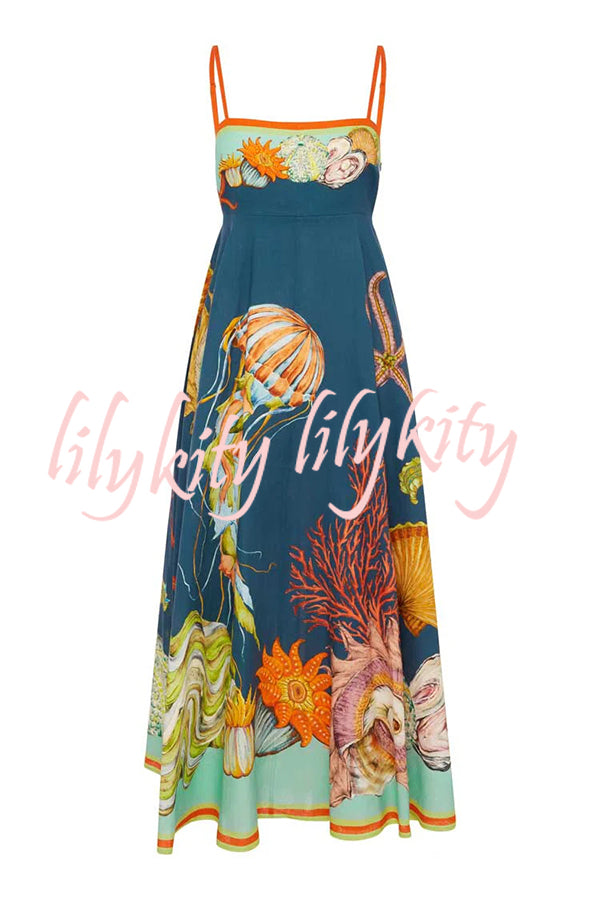 Linen Blend Unique Print Suspenders Back Pleated Pocket Resort Style Maxi Dress