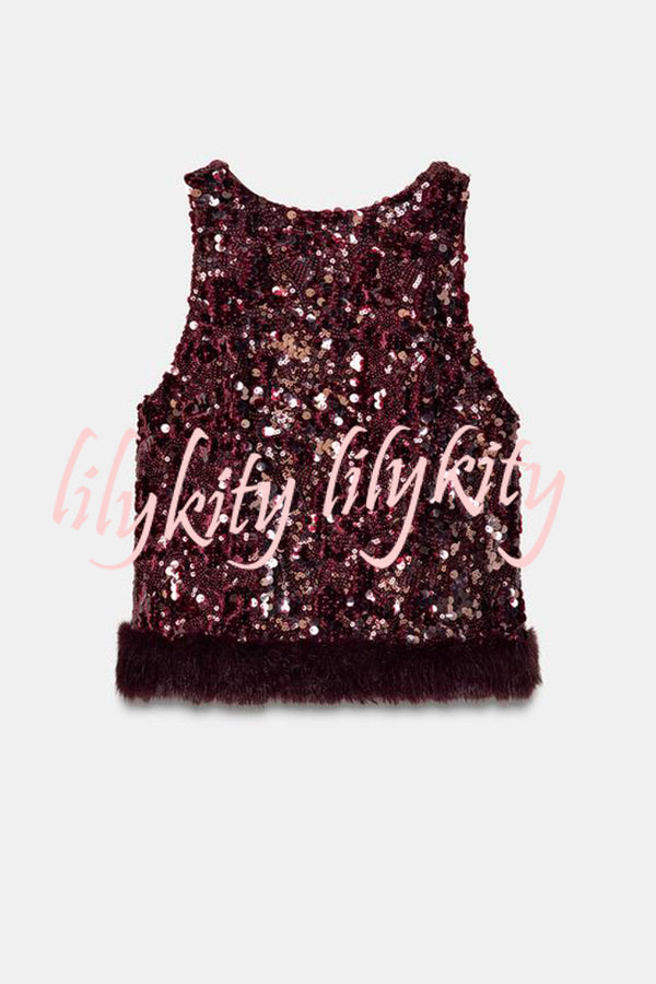 Gala Goddess Sequin Faux Fur Trim Crew Neck Sleeveless Loose Top
