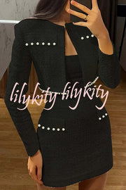 Stylish and Elegant Tweed Pearl-embellished Long-sleeved Jacket