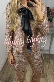 Holiday Cheer Sequin Tie-front Satin Bow Long Sleeve Jacket