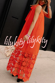 Breezy Comfort Tie-up Neck Sleeveless Floral Lace Hem Maxi Dress