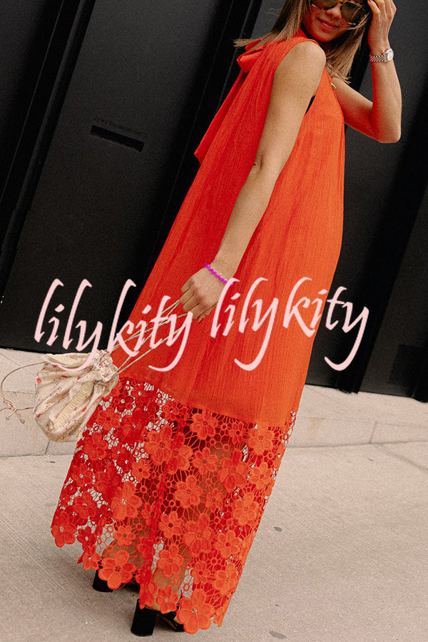 Breezy Comfort Tie-up Neck Sleeveless Floral Lace Hem Maxi Dress