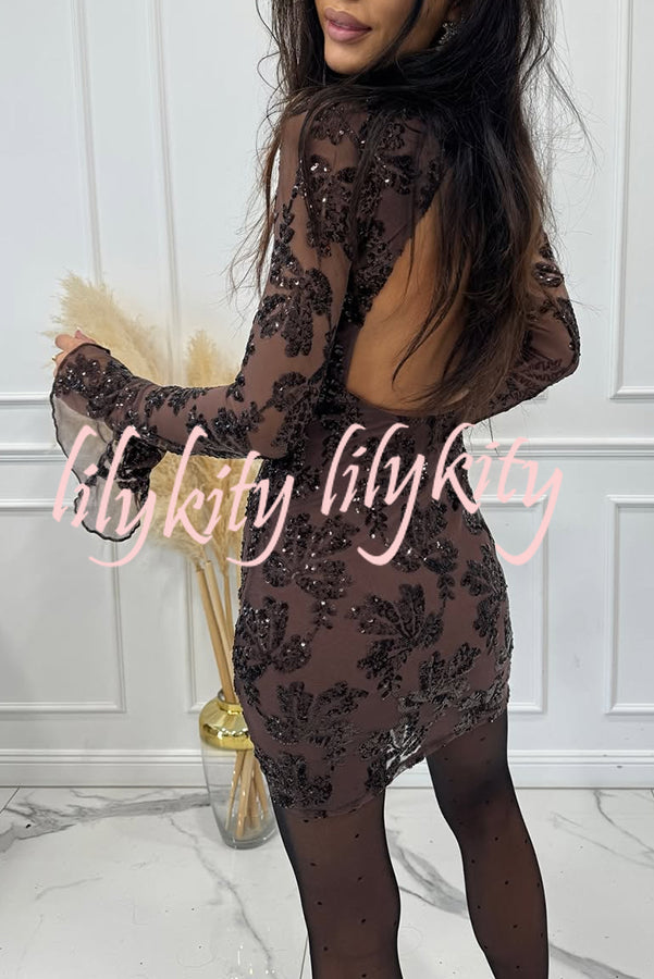 Deep and Dazzling Floral Texture Sequin Long Bell Sleeve Open Back Mini Dress