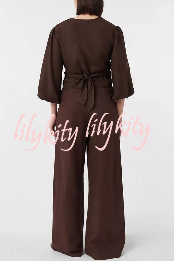 Lets Go Out Linen Blend Balloon Sleeve Wrap Tie-up Loose Top
