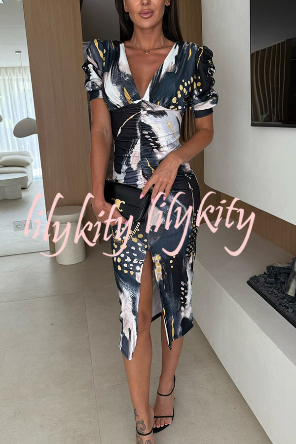 Unique Print V-Neck Puff Sleeve Slit Slim Midi Dress