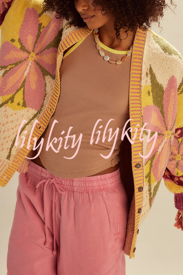 Floral Pattern Loose Long-sleeved Knitted Cardigan